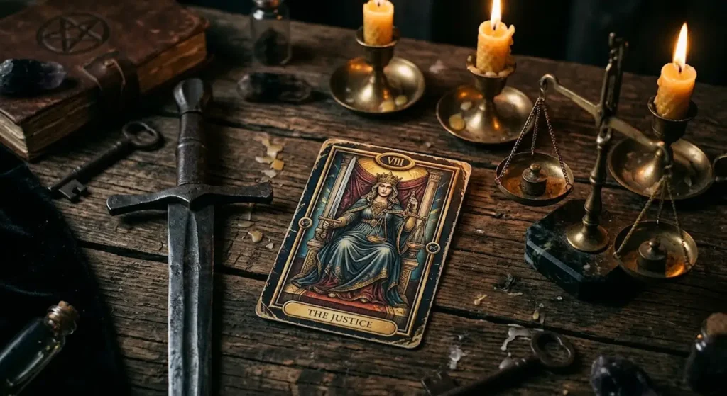 Carte illustrée sur une table en bois, près de bougies et d’une balance en laiton