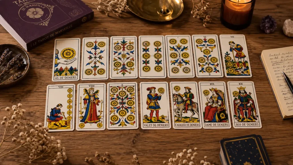 Cartes de Deniers du Tarot de Marseille illustrant leurs différentes significations