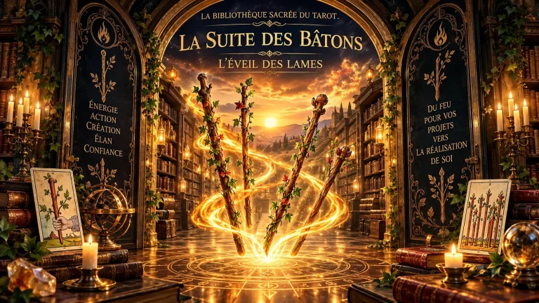 Plusieurs bâtons illustrés au centre d’une bibliothèque ancienne éclairée par une lumière dorée.