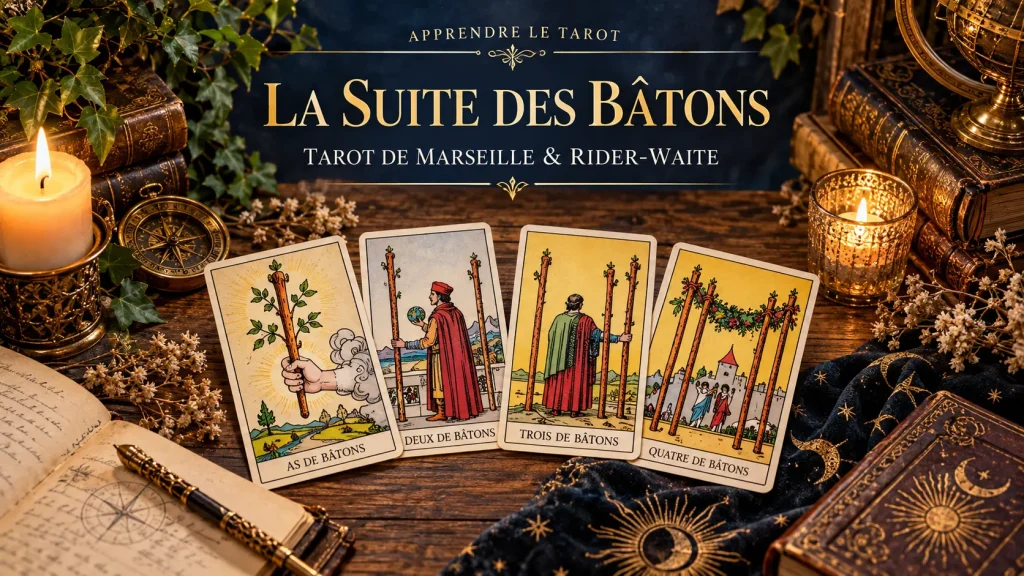 Quatre cartes de la Suite des Bâtons disposées sur une table en bois, de l’As au Quatre de Bâtons.