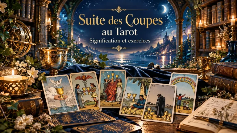 Cartes illustrées disposées devant une bibliothèque ouverte sur un paysage nocturne