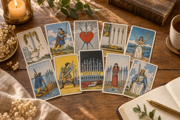 Cartes de la Suite des Épées au Tarot disposées sur une table en bois