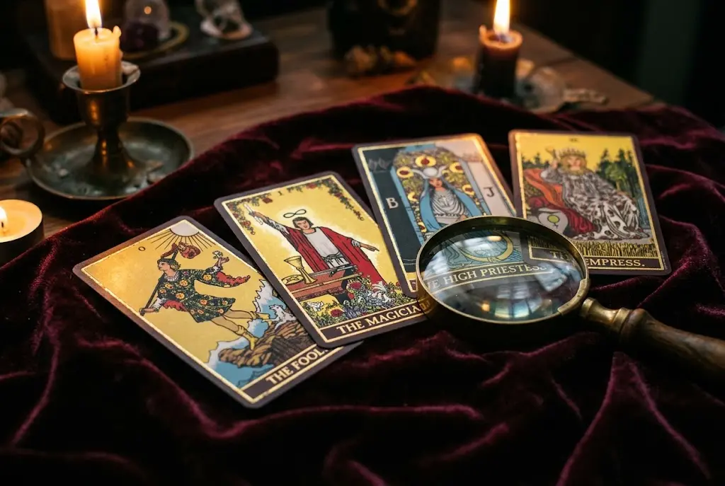 Cartes illustrées disposées près d'une loupe et d'une bougie.
