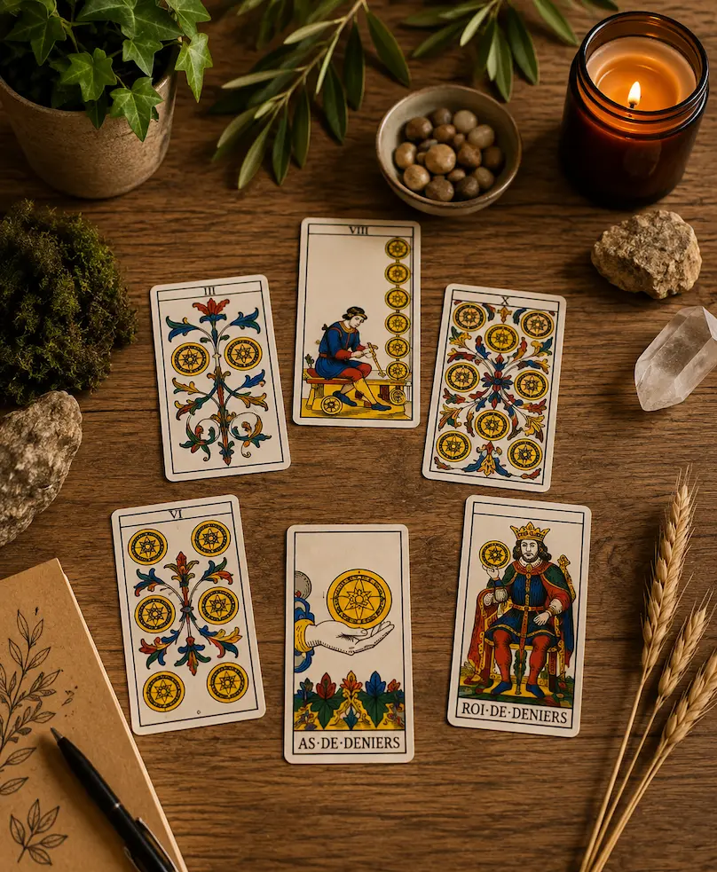 Cartes de Deniers du Tarot de Marseille associées symboliquement à l’élément Terre