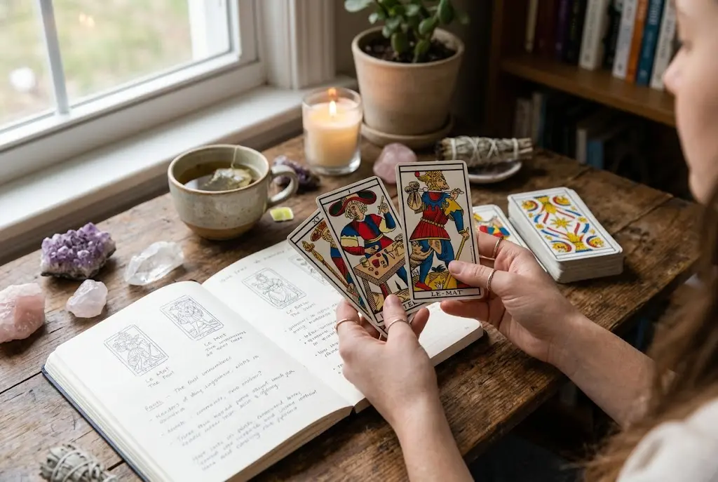 Personne tenant délicatement des cartes de tarot à côté d'un carnet d'étude et d'une tasse de thé dans une ambiance douce.