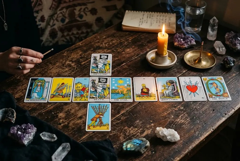 Cartes de tarot disposées en tirage en croix sur une table illuminée par la flamme d'une bougie et des cristaux.