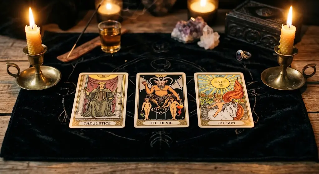 Alignement de trois cartes de tarot représentant la Justice, le Diable et le Soleil sur un tapis de tirage noir.