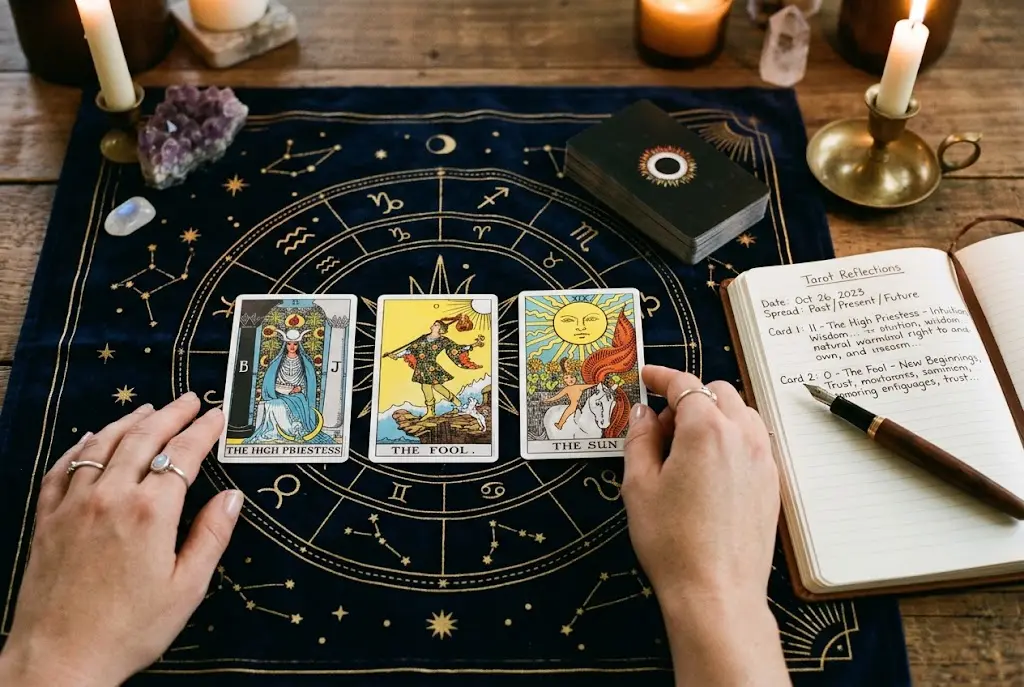 Tirage de tarot à trois cartes posées en ligne sur un drap ésotérique noir et or avec prise de notes.