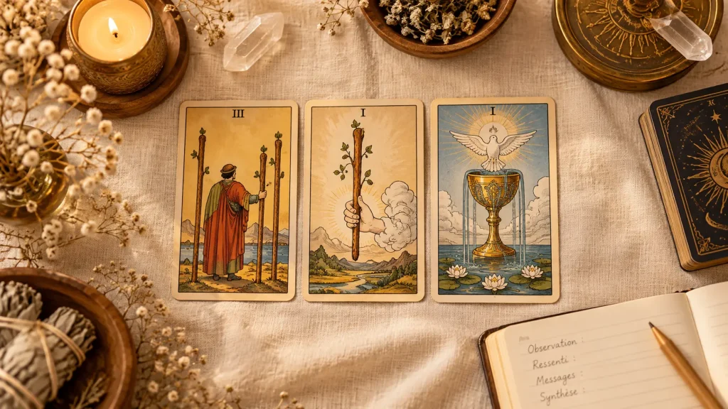 Tirage de trois cartes avec deux cartes de Bâtons et une carte de Coupes, disposées sur une nappe en lin crème.