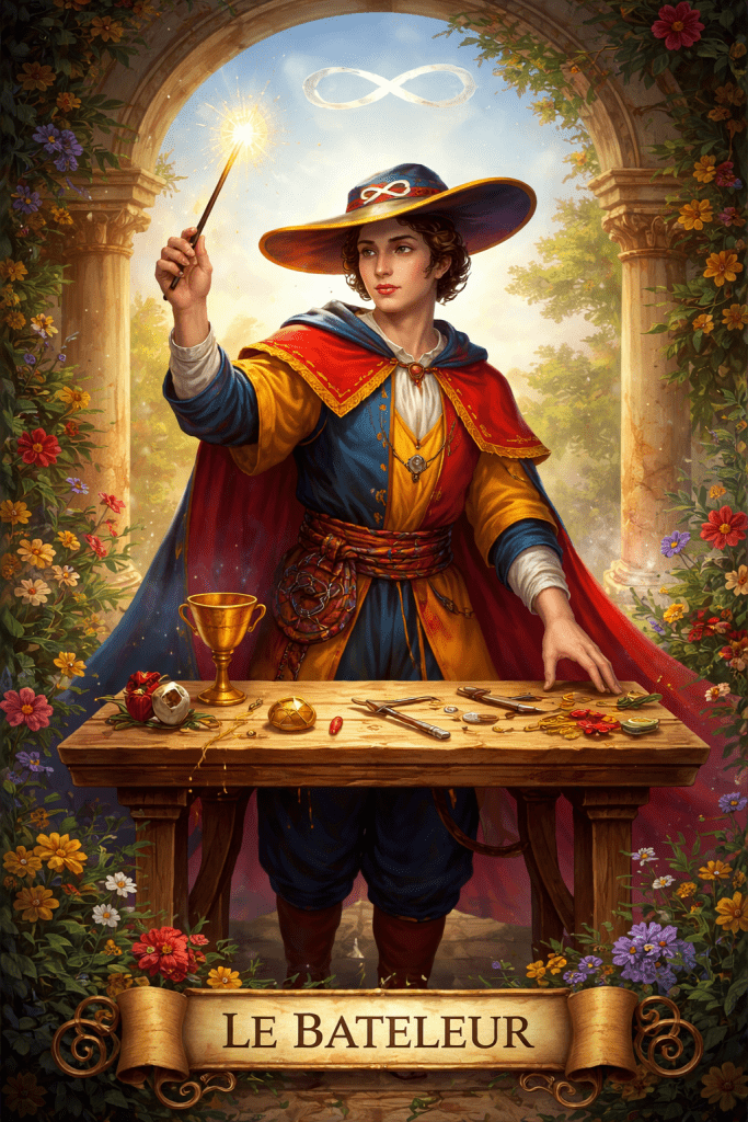 Carte du Bateleur du Tarot de Marseille, personnage debout derrière une table garnie d’objets.