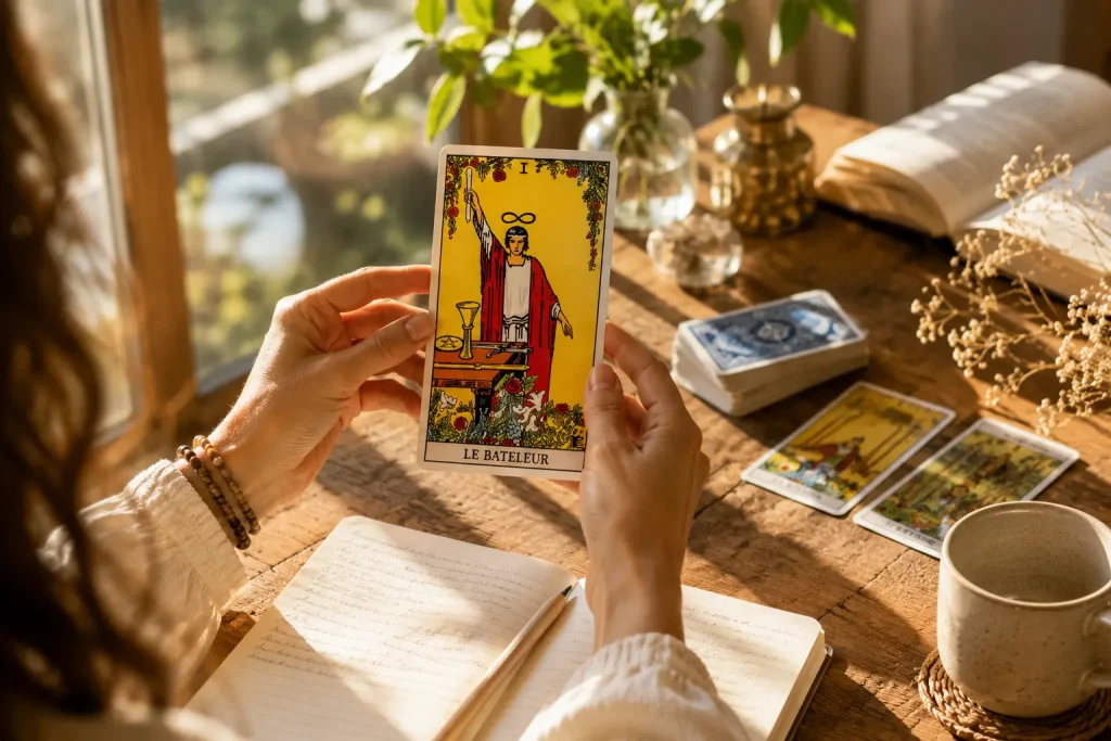 Exercice d’apprentissage du Tarot avec la carte du Bateleur et un carnet