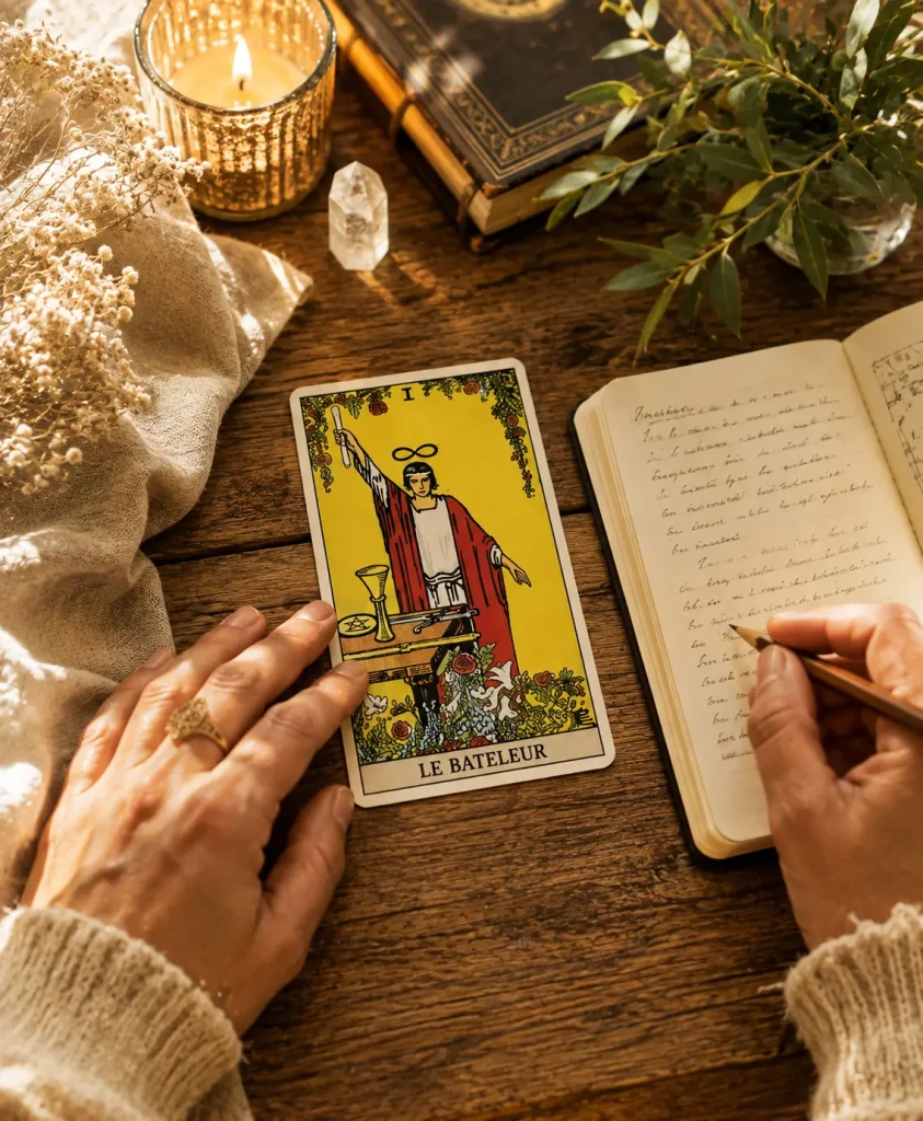 Observation de la carte du Bateleur pendant un exercice de Tarot