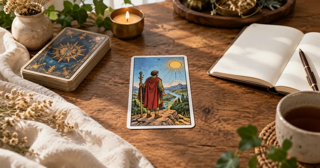 Analyser sa semaine d'apprentissage du Tarot : bilan et carnet sur une table en bois