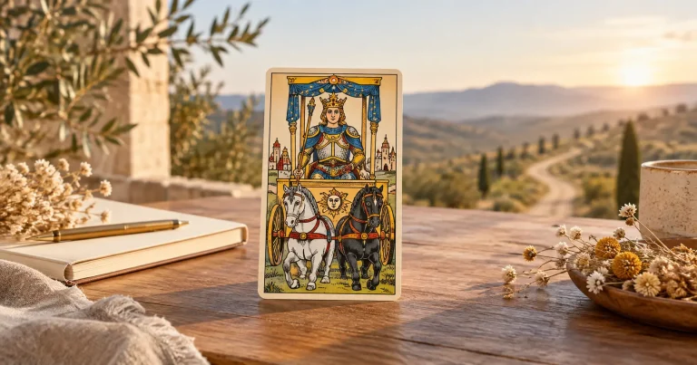 Carte du Chariot au Tarot devant un chemin lumineux pour le Challenge Jour 9