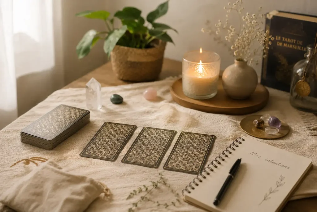 Espace sacré pour tarot avec bougie, tissu ivoire et cartes posées calmement