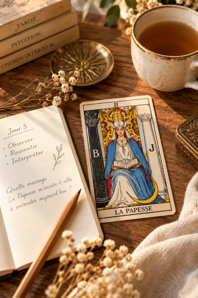 Exercice La Papesse intuition avec carte de Tarot et carnet.