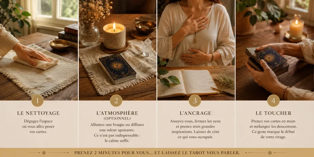 Exercice pratique de rituel avant tirage de tarot en quatre étapes simples