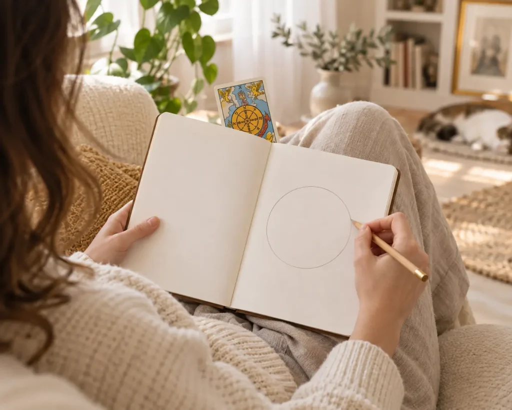 Une personne dessine un cercle dans son carnet, avec la carte de la Roue de Fortune glissée entre les pages.