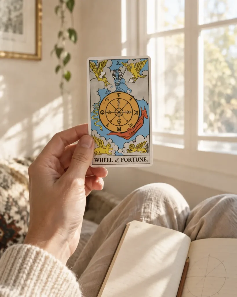 Une main tient la carte de la Roue de Fortune près d’une fenêtre, au-dessus d’un carnet ouvert.