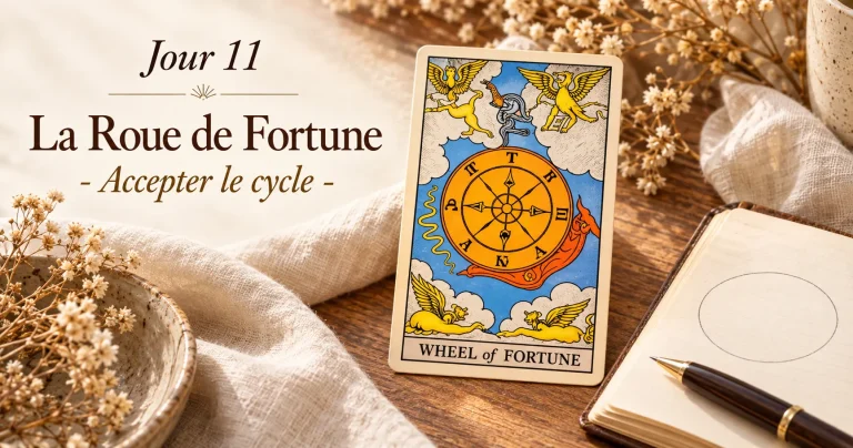 Carte de la Roue de Fortune près d’un carnet ouvert pour l’exercice Tarot du jour 11