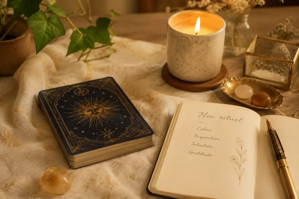 Rituel avant tirage de tarot dans un espace sacré chaleureux avec bougie et cartes