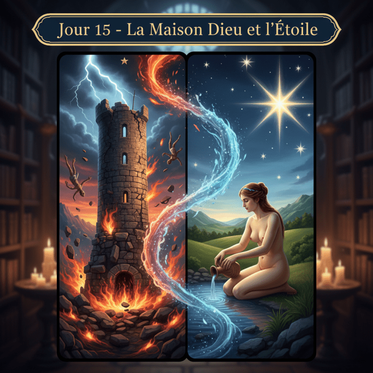 Illustration du Jour 15 montrant le contraste entre La Maison Dieu foudroyée et la sérénité de l'Étoile du Tarot, symbolisant le passage de l'effondrement à l'espoir.