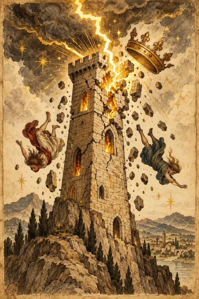 Carte de Tarot de La Maison Dieu montrant la tour foudroyée et la chute des illusions. 