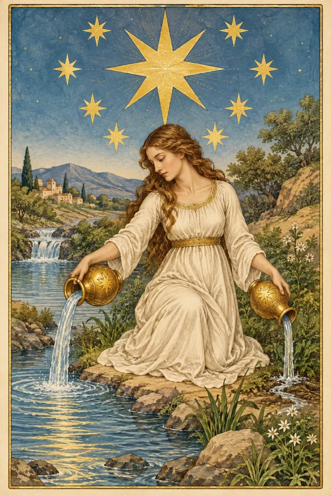 Carte de Tarot de L'Étoile montrant une figure versant de l'eau sous un ciel étoilé. 