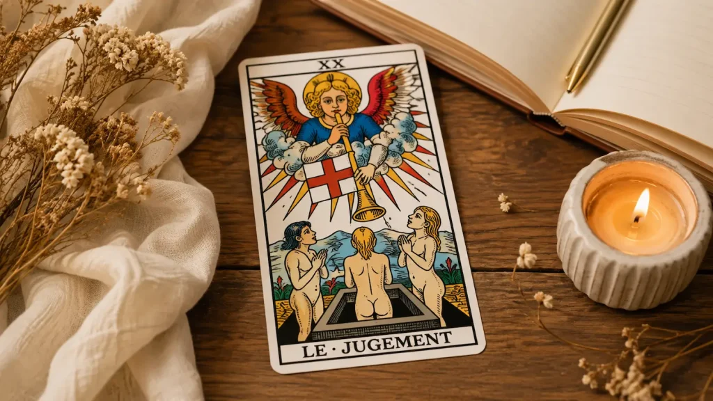 Arcane 20 Tarot Le Jugement posé sur une table en bois avec carnet et bougie