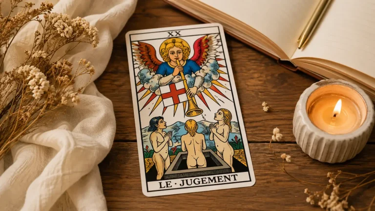 Arcane 20 Tarot Le Jugement posé sur une table en bois avec carnet et bougie