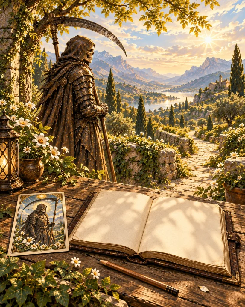 Carte de Tarot XIII à côté d’un carnet et d’une page vierge ·