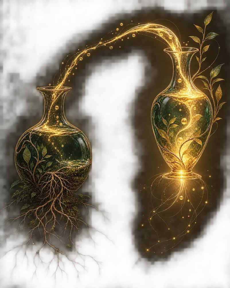 Deux vases sacrés reliés par un fil doré symbolisant la circulation énergétique du Tarot.