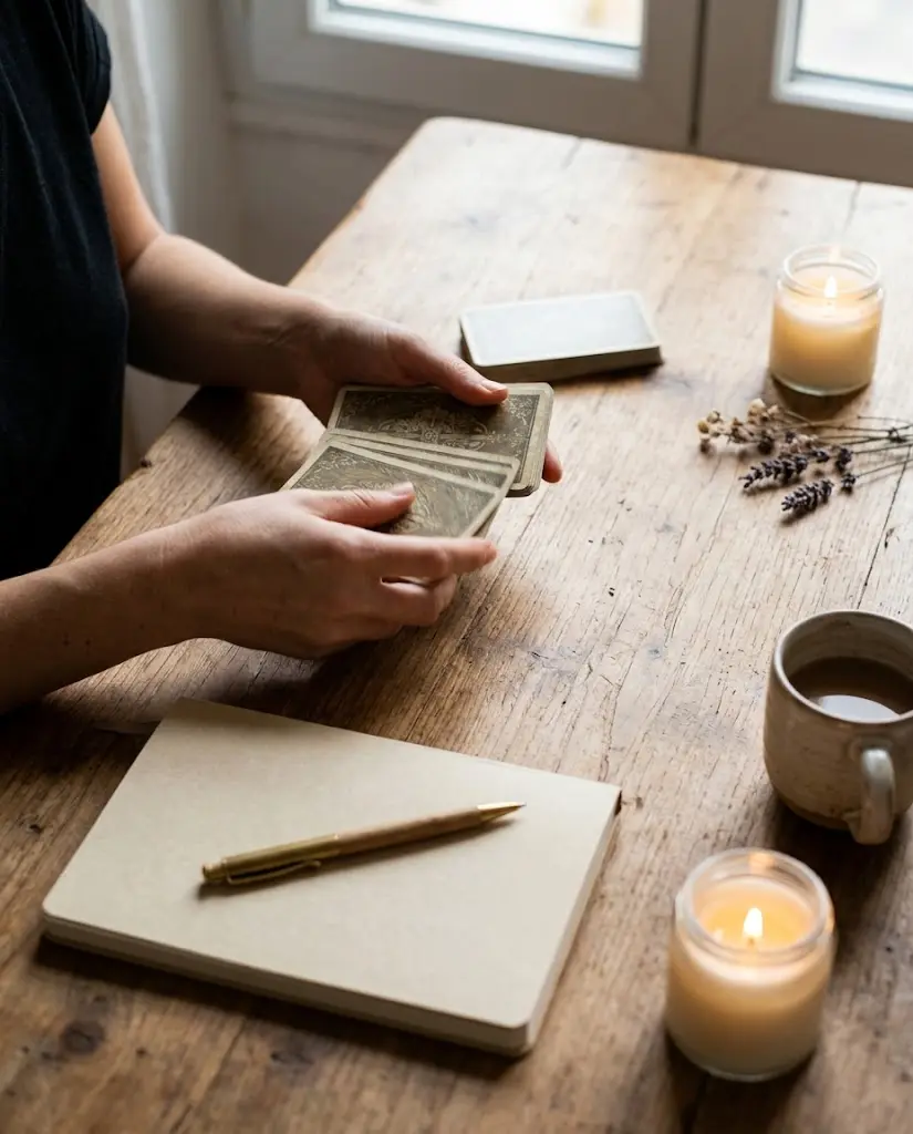 Mains mélangeant un jeu pour réaliser un tirage annuel Tarot
