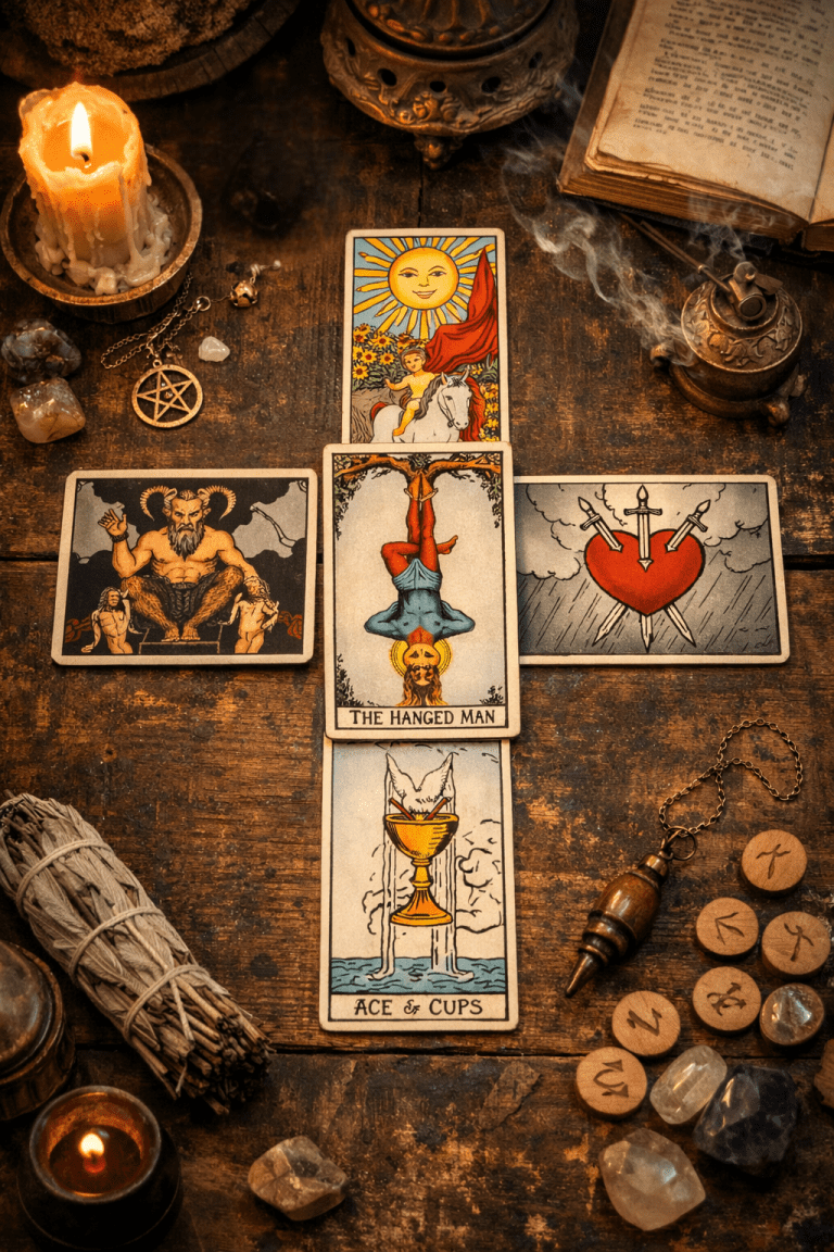 Tirage en croix du tarot composé de cinq cartes disposées en forme de croix sur une table en bois avec bougies et objets ésotériques.