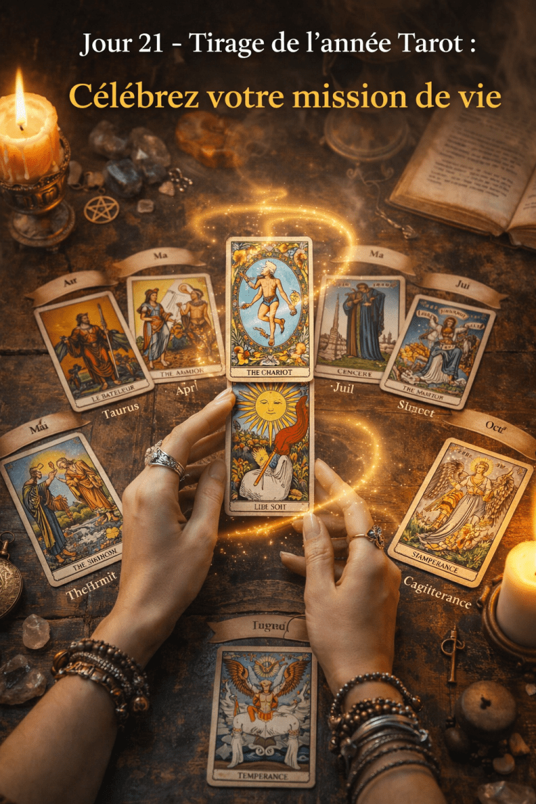Tirage annuel du tarot disposé en cercle sur une table avec bougies et cristaux, une carte centrale tenue entre les mains symbolisant la mission de vie.