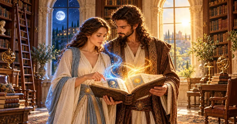 Deux personnages observent des représentations de La Lune et du Soleil dans un livre ouvert, entre lumière nocturne et soleil du matin.