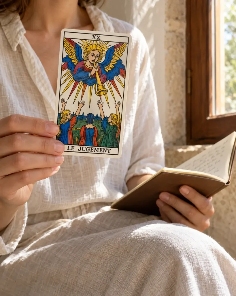 Main tenant la carte du Jugement du Tarot de Marseille à côté d’un carnet de notes.