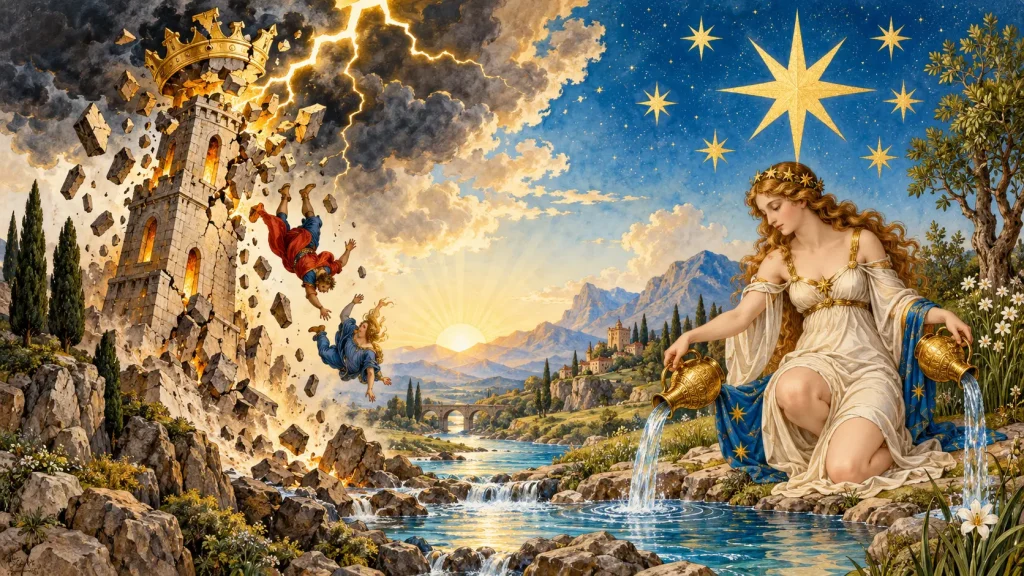 Illustration montrant le contraste entre La Maison Dieu foudroyée et la sérénité de l'Étoile du Tarot, symbolisant le passage de l'effondrement à l'espoir. 