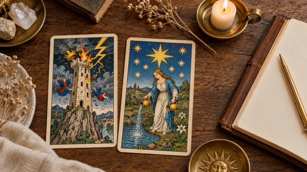 Espace de rituel avec une bougie allumée, un carnet ouvert et les cartes de La Maison Dieu et L'Étoile. 