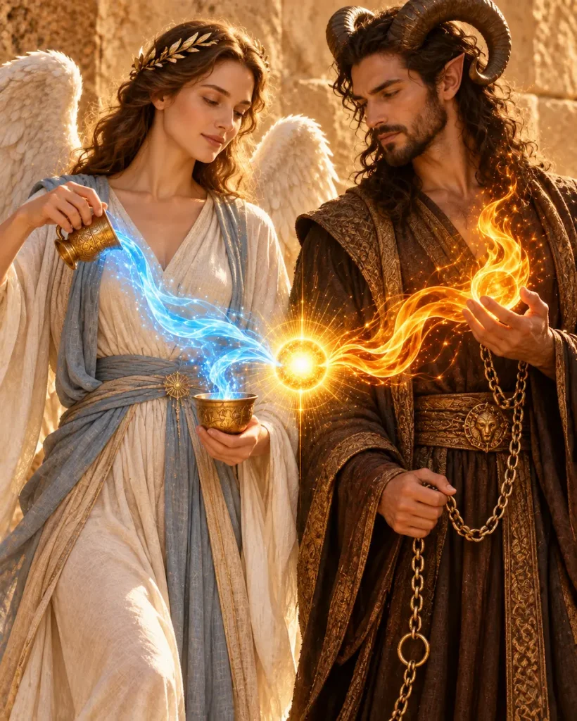 Tempérance et Le Diable Tarot représentés sous forme d'alchimie entre l'eau et le feu.