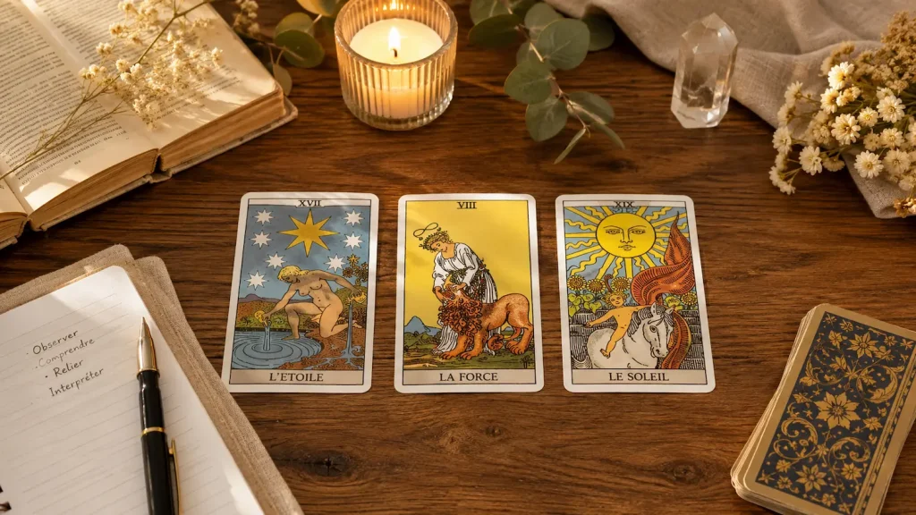 Tirage à 3 cartes Tarot disposé en ligne sur une table en bois