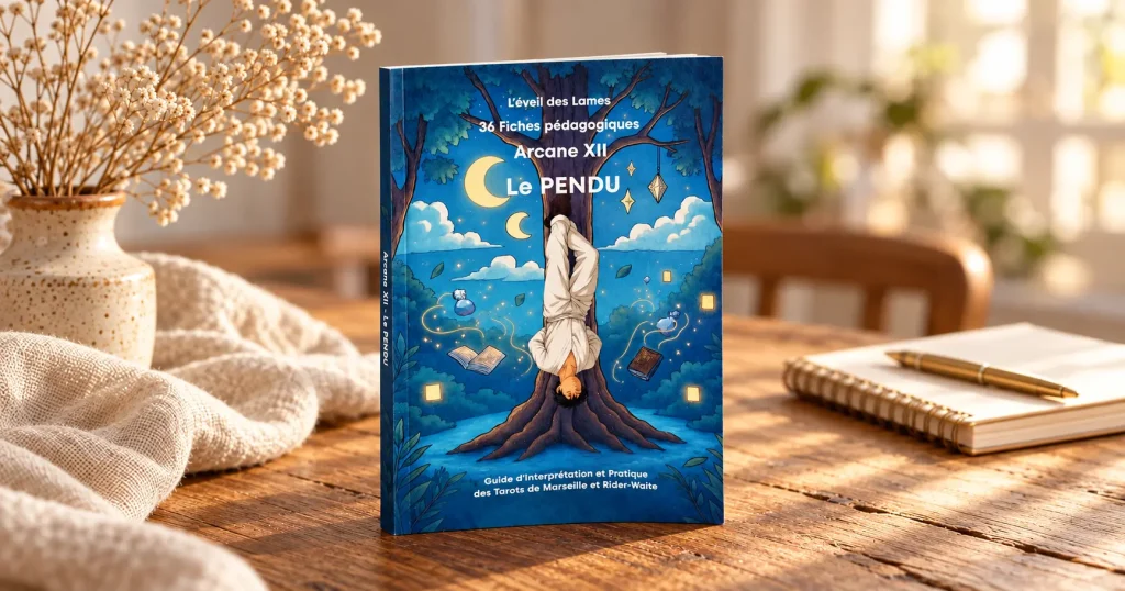 Le Pendu, arcane 12 du Tarot : couverture du volume consacré à l'Arcane XII de la collection Formation Tarot – L'Éveil des Lames d'Anita Martinaud