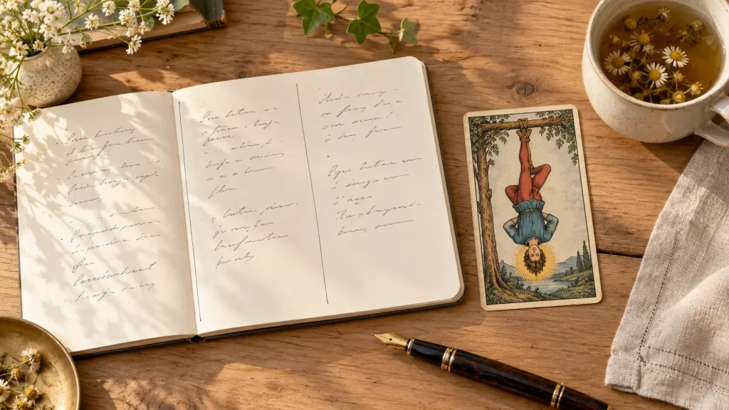 Exercice avec Le Pendu, arcane 12 du Tarot : carnet ouvert en trois colonnes à côté de la carte