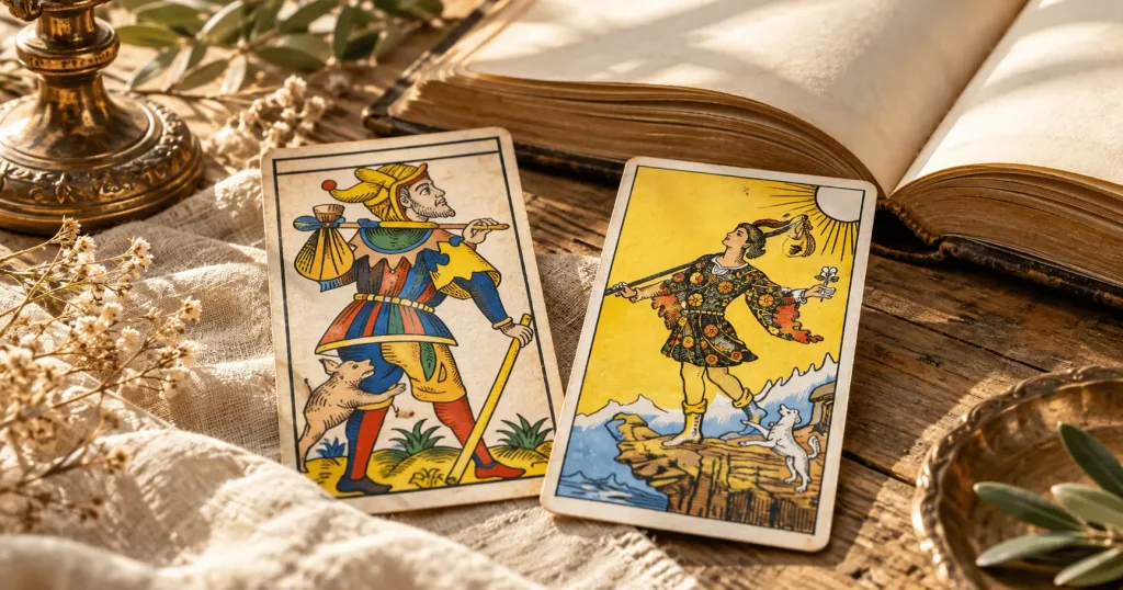 Cartes du Mat et du Fou près d’un livre ouvert, illustrant la signification du Mat au Tarot.