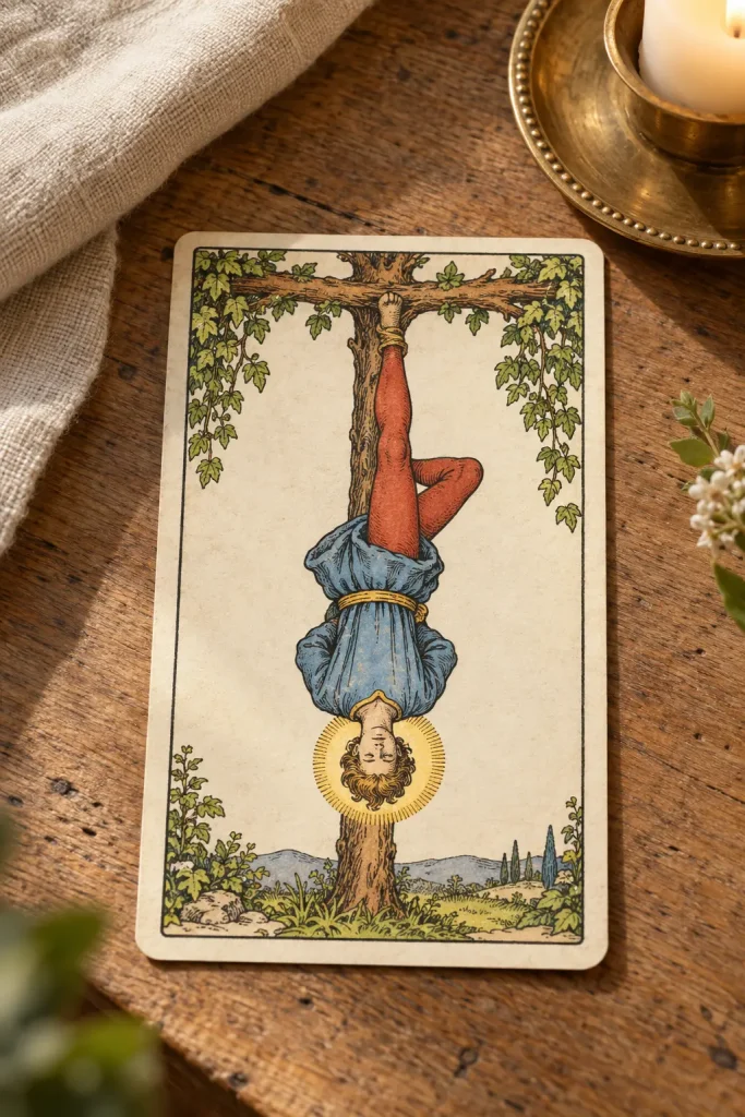 Le Pendu, arcane 12 du Tarot Rider-Waite-Smith, suspendu à un arbre vivant en forme de T, la tête entourée d'une auréole