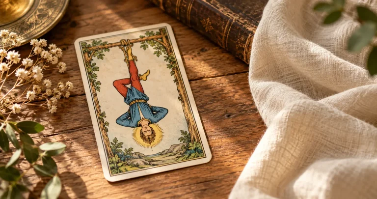 Carte illustrée du Pendu avec une auréole dorée, posée sur une table en bois près d’un tissu en lin crème.