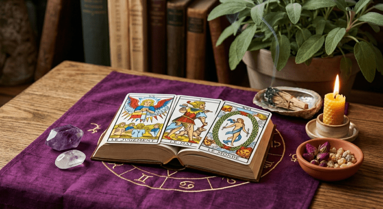 Un jeu de Tarot de Marseille ouvert sur les arcanes du Jugement, du Mat et du Monde, entouré d'une améthyste, d'un cristal de roche, d'une bougie en cire d'abeille et d'herbes sacrées pour un rituel de consécration.