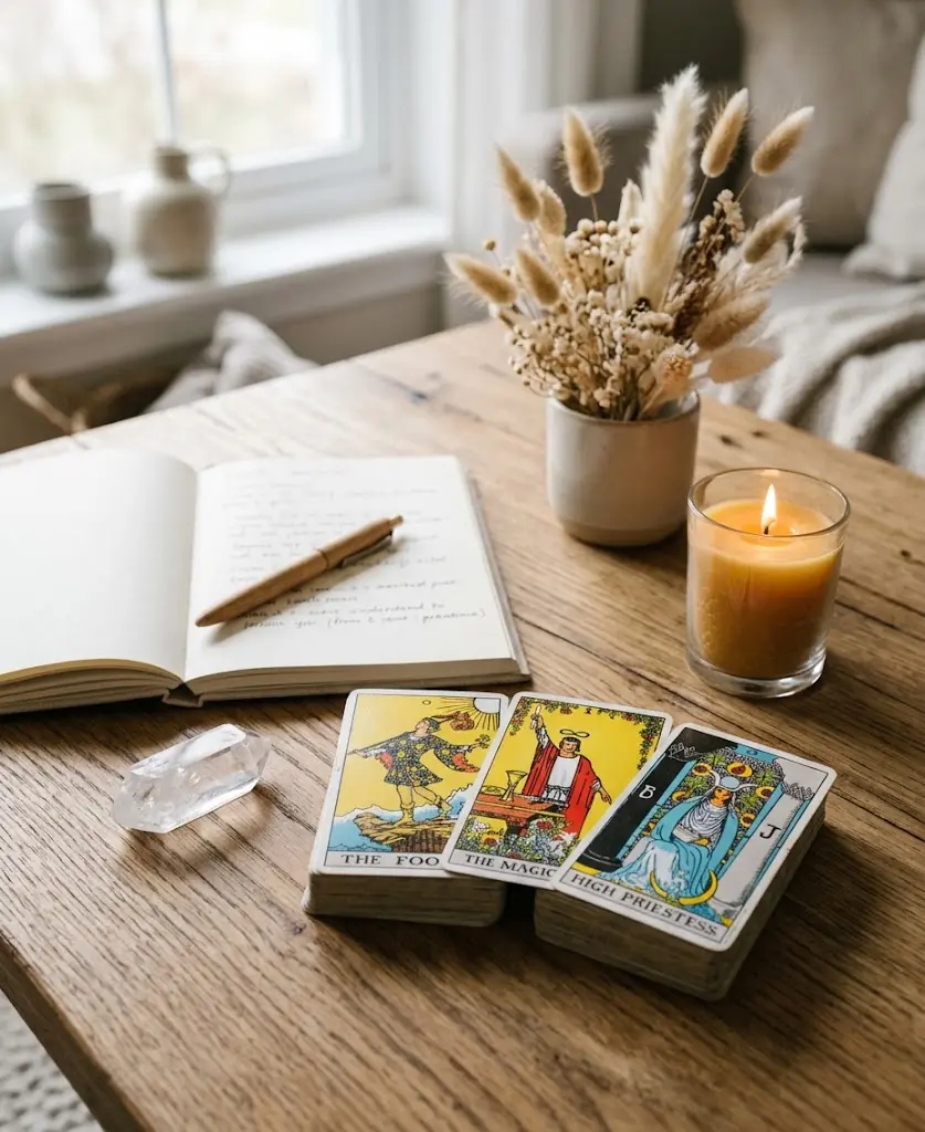 Jeu de Tarot accompagné de cristaux utilisés comme objets symboliques