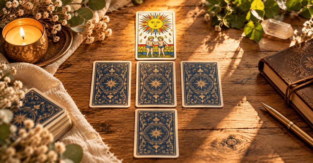 Cinq cartes de tarot disposées en croix sur une table en bois