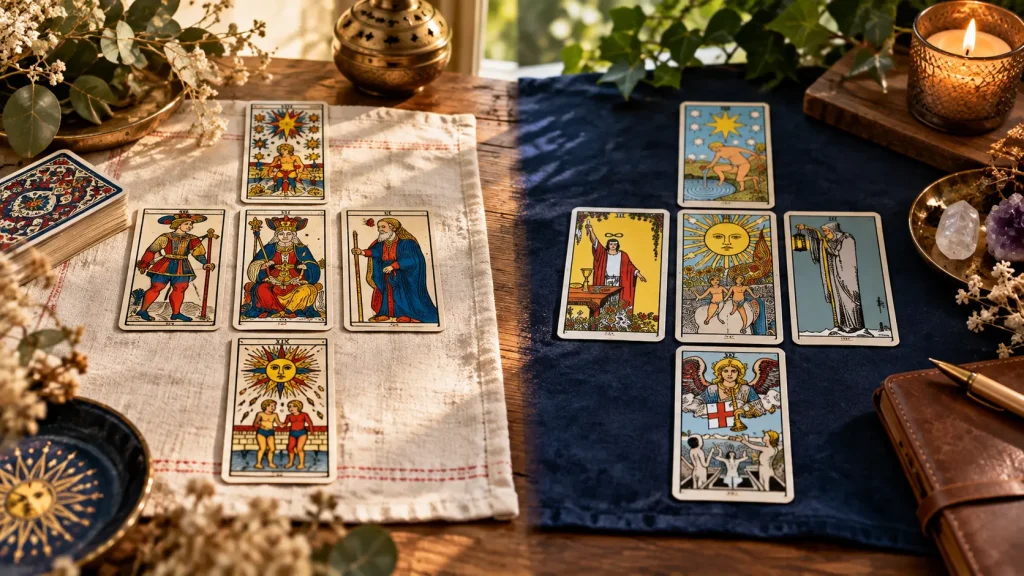 Deux tirages en croix côte à côte, l'un en Tarot de Marseille, l'autre en Rider-Waite